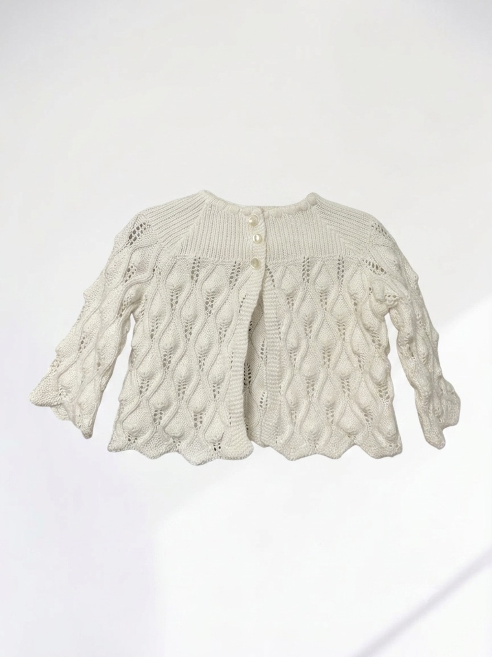Vintage J Leeson Co Baby Cardigan, Off White Eyelet Knit Sweater, 0-3 Months